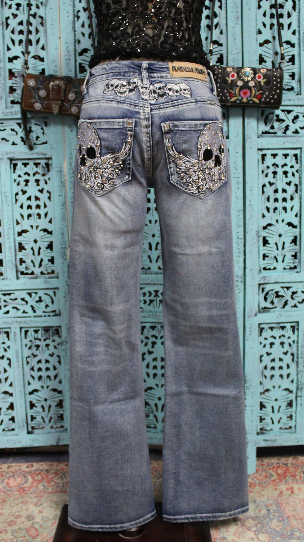 Thumbnail: Bootcut Embroidered Skull Angel Wings Bling Jeans #BPP01