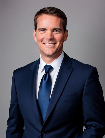 Smiling man in a navy blue suit and tie stands for portrait about work.