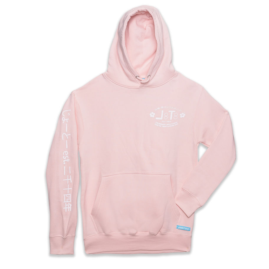 Pink Pastel Hibiscus Logo Pullover Hoodie with text on sleeve and front