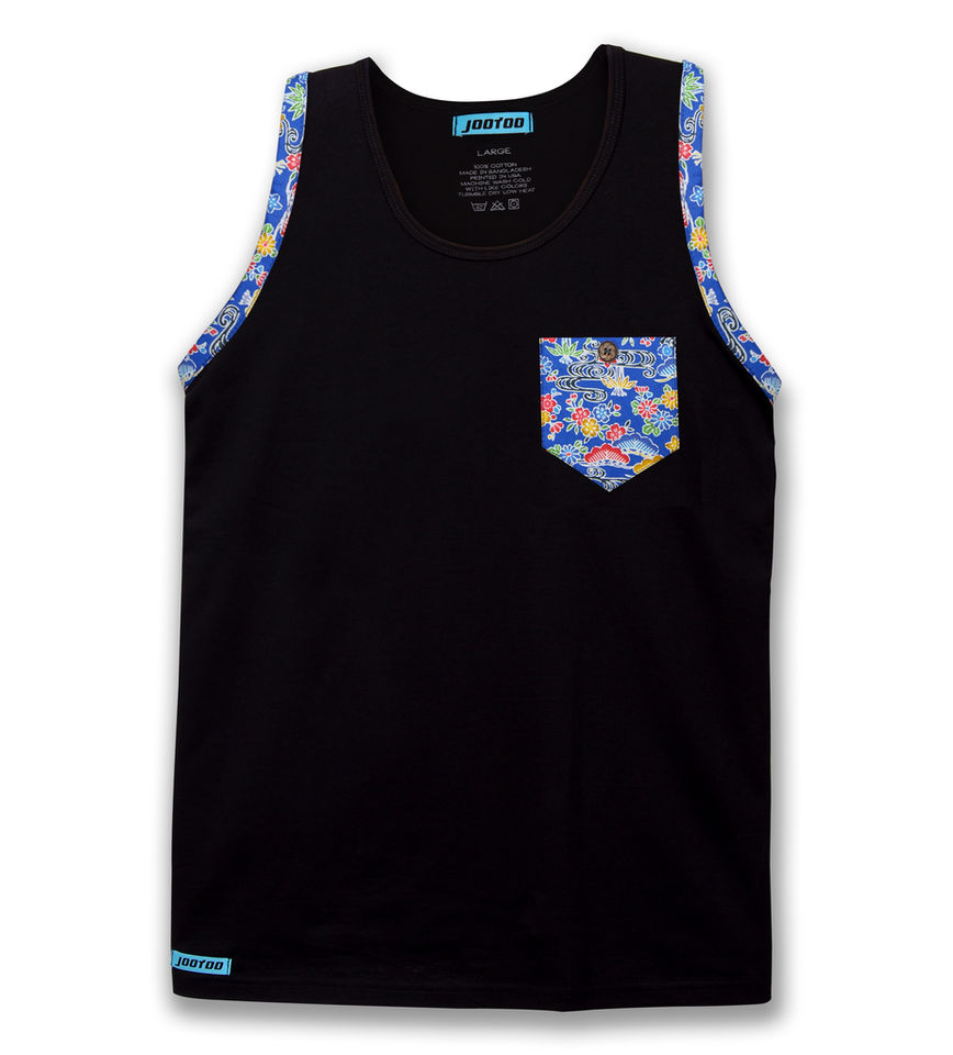 Black Floral Tank Top w/Floral Pocket, black tank top with colorful pocket.