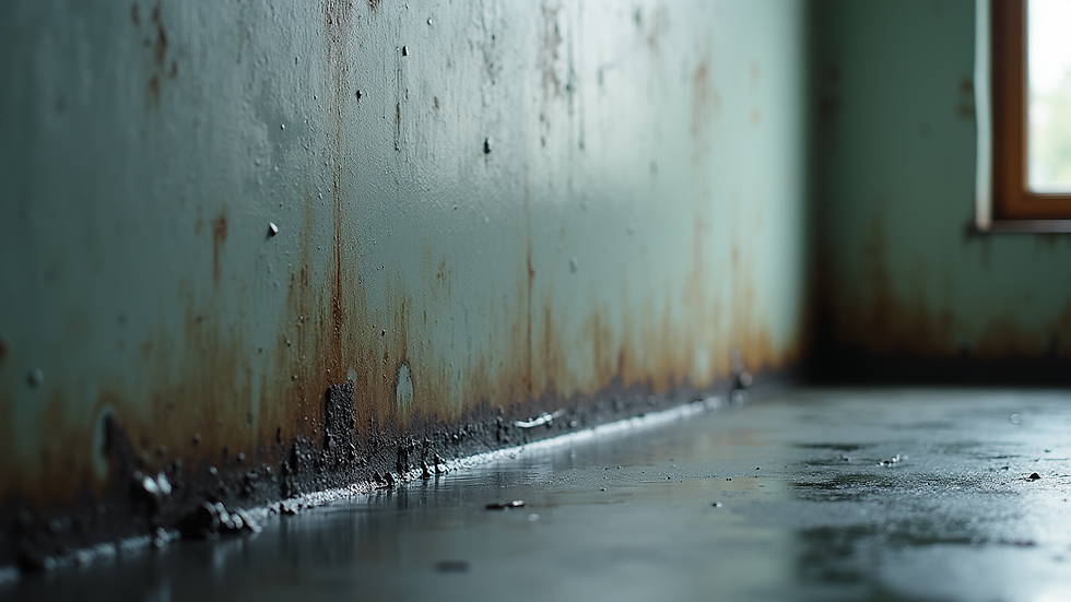 Close-up view of basement wall with visible water stains
