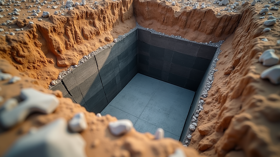 High angle view of foundation excavation for waterproofing