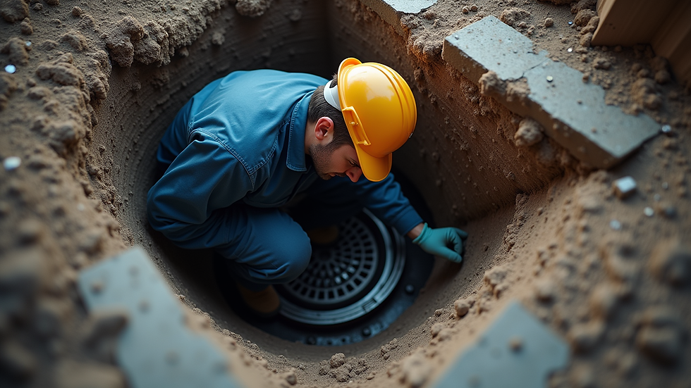 High angle view of a professional inspecting a basement drainage system