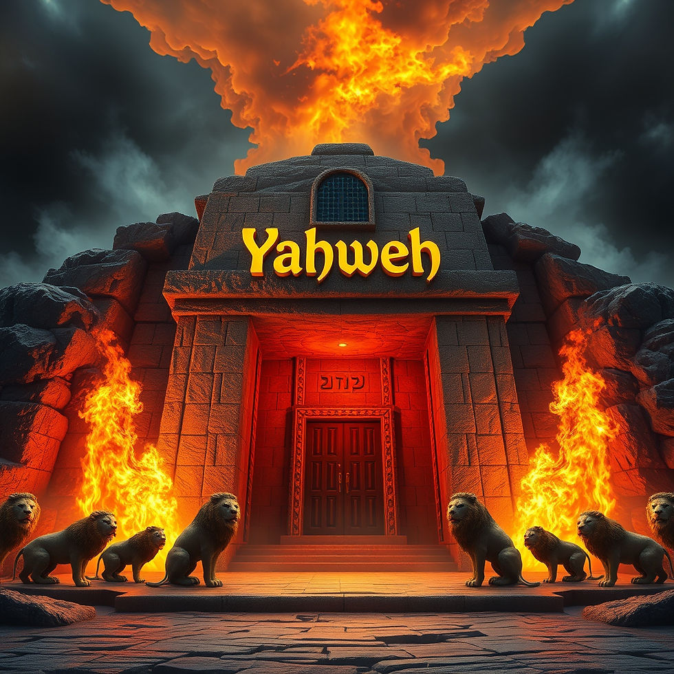 A giant tomb with the name Yahweh on it in gold and smoke and fire coming out. twelve lio