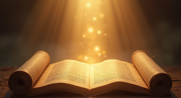A serene scene depicting ancient scrolls illuminated by divine light, symbolizing spiritua