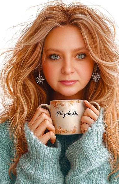 Miss Liz as older woman holding her cup with name to represent strength