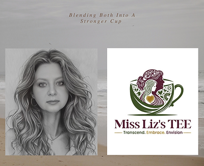 Miss Liz in black and white with Miss Liz Tee Logo sitting on top of a grey and brown background