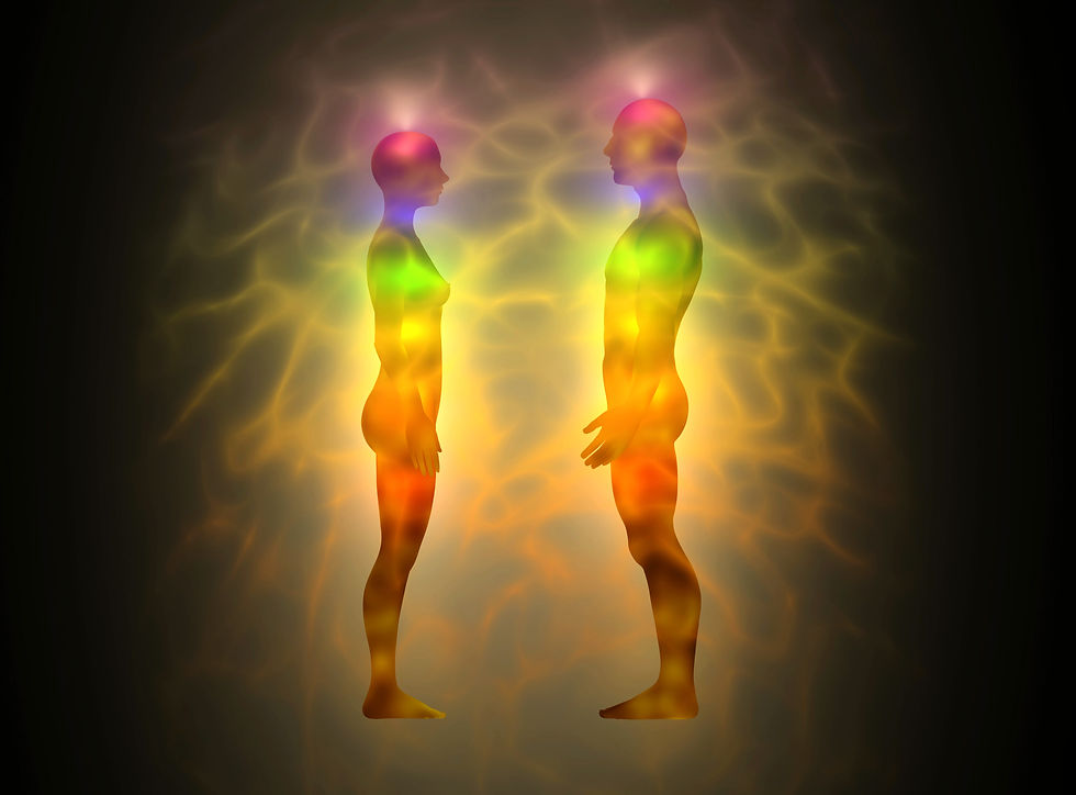 Two glowing human silhouettes face each other in a dark, rainbow-lit aura, internal state affects relationships