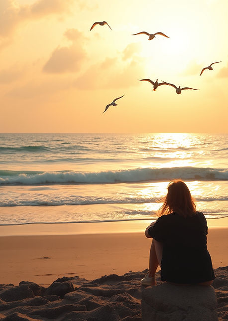 Image of a sad woman sitting on beach looking at ocean with birds going by, feeling stuck
