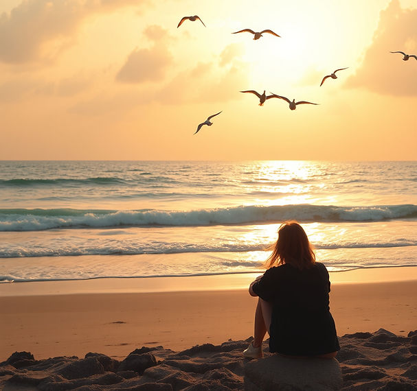 image of a sad woman sitting on beach looking at ocean with birds going by, golden sky