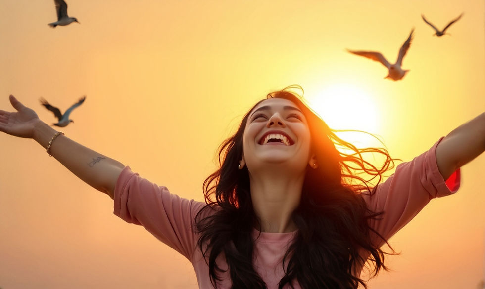 happy, empowered woman embracing the bright, peachy and golden sunrise, with birds flyin