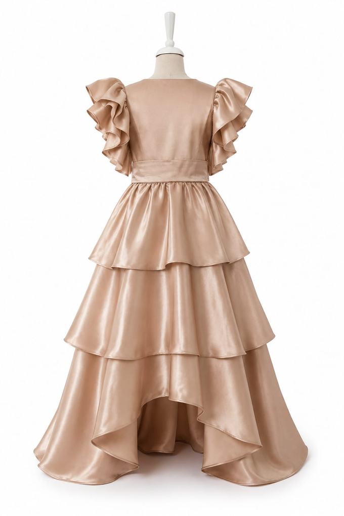 Beige Satin Ruffled High-Low Party Dress