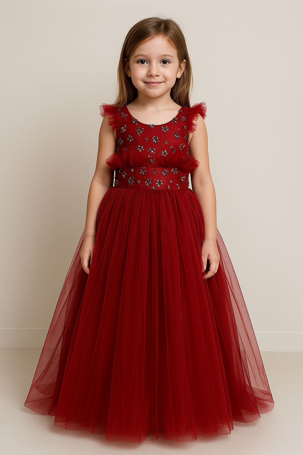 Bordo Taş İşlemeli Tül Kız Çocuk Abiye Elbise Önden Görünüm