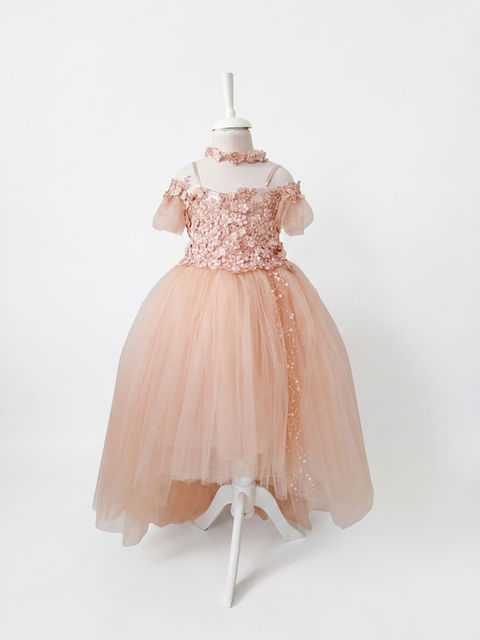 Pudra Rose 3D Çiçekli Abiye