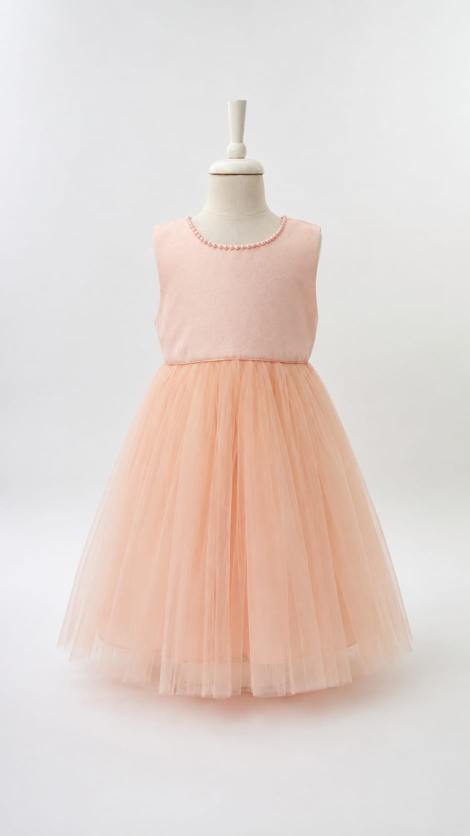 Salmon Tulle Party Dress with Pearl Collar & Bow