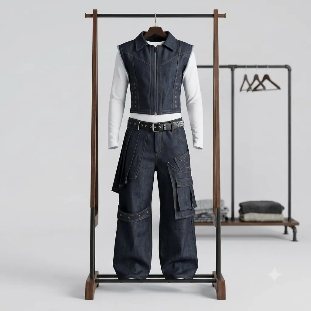 Completo Gilet in Denim & Pantaloni Cargo a Gamba Larga