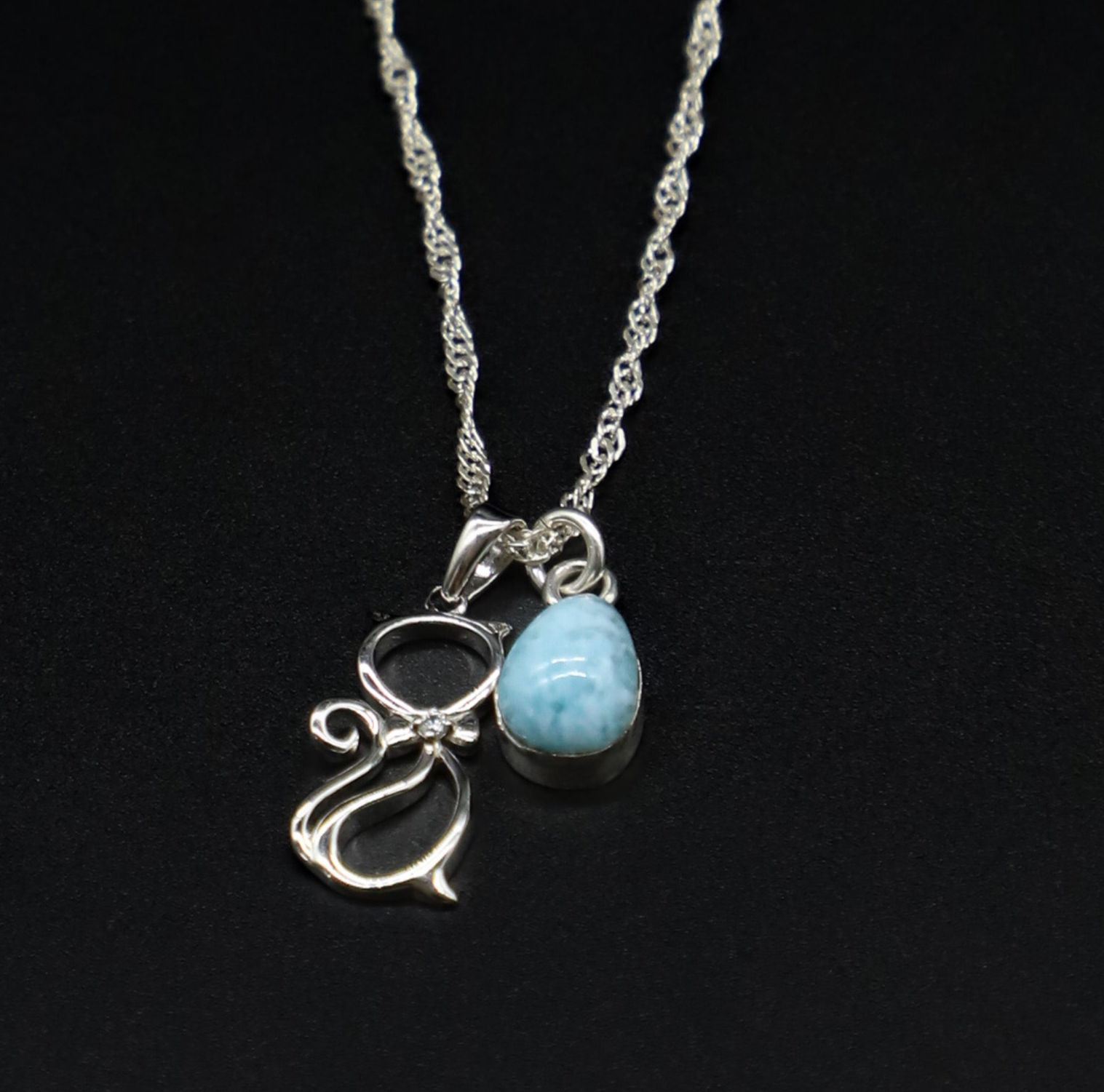 925 Sterling Silver Larimar and Kitten Cat Charm Necklace