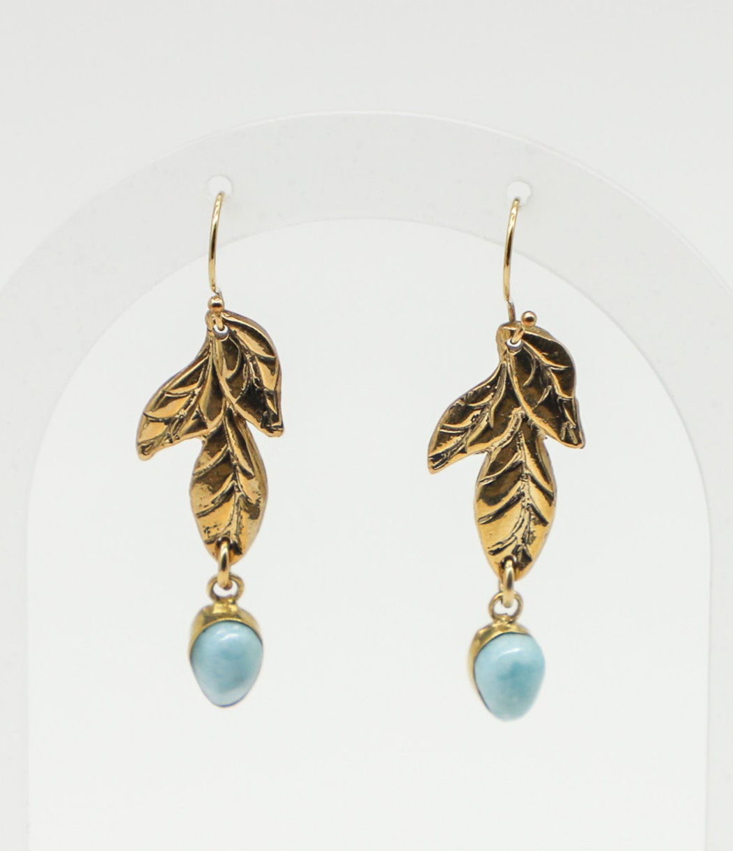 18k Gold Vermeil Larimar and 3-leaf Dangle Earrings