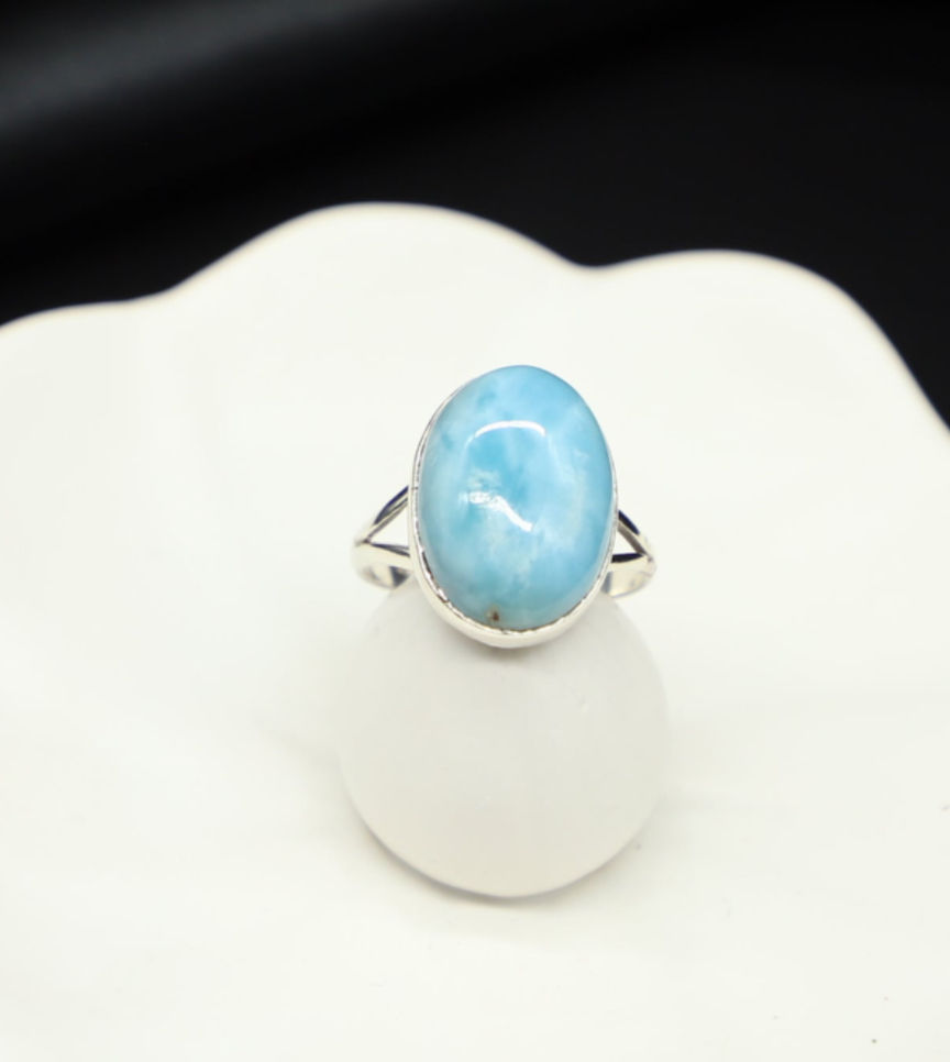 925 Sterling Silver Oval Larimar Ring - Size 10
