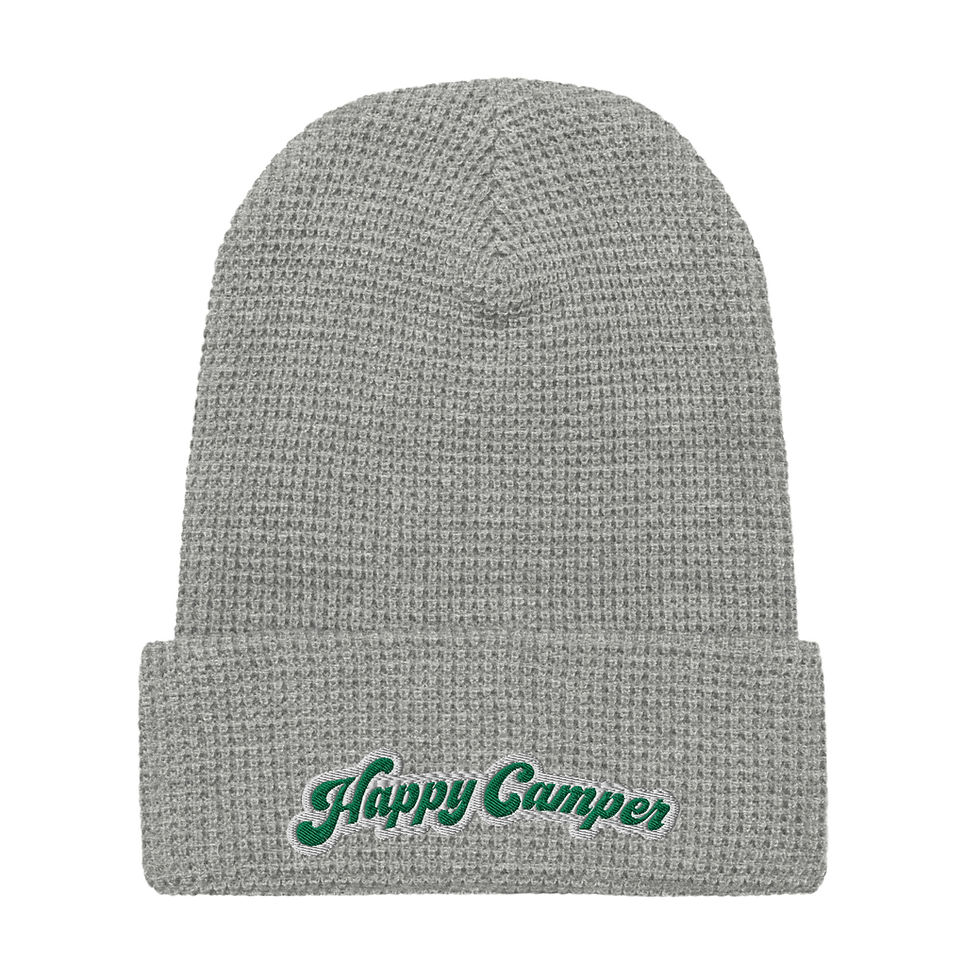 Thumbnail: Happy Camper Waffle beanie Green and White (Puff Embroidery)