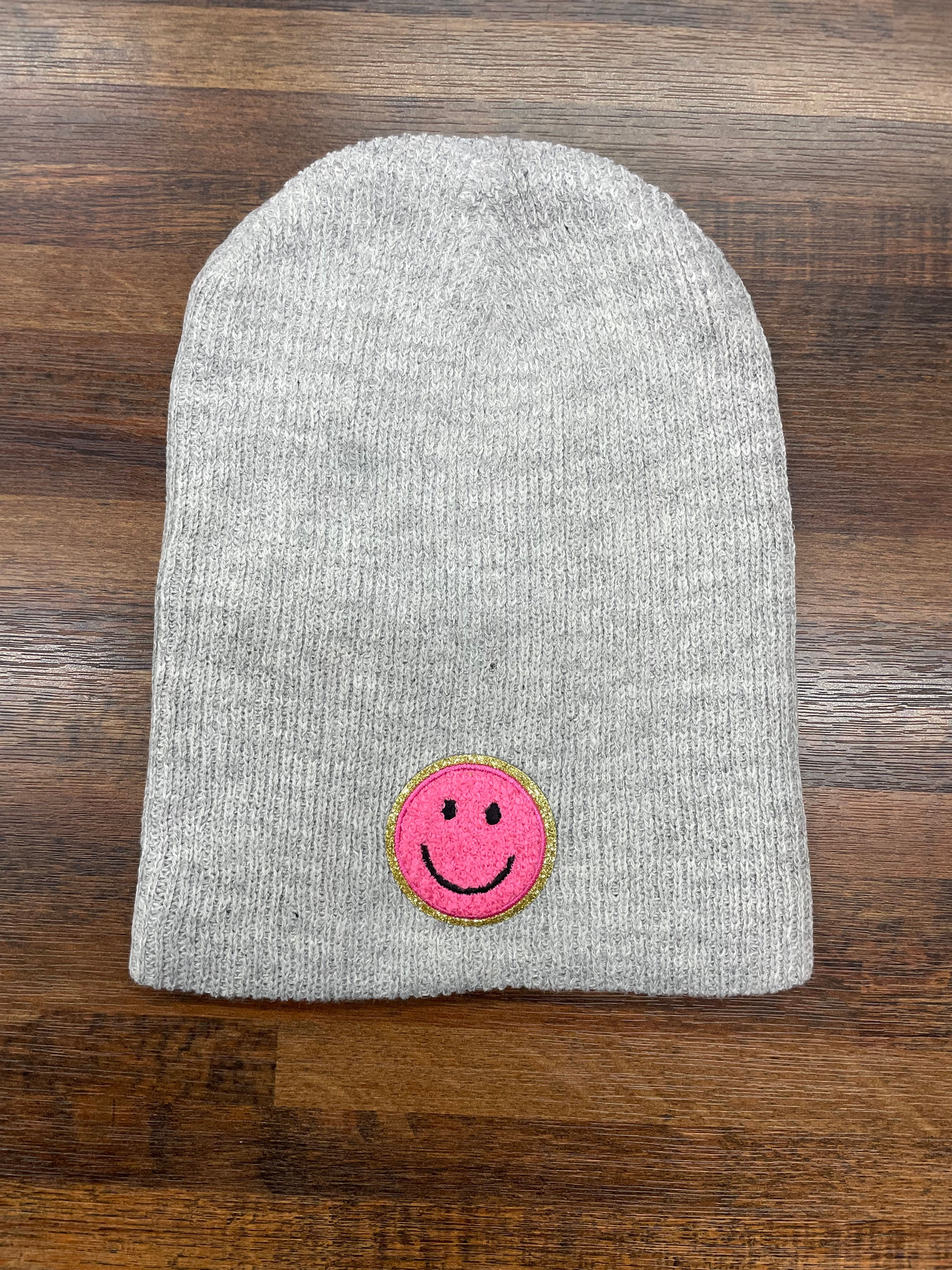 Smiley Face Patch Knit Beanie Cap  (pk-lg)