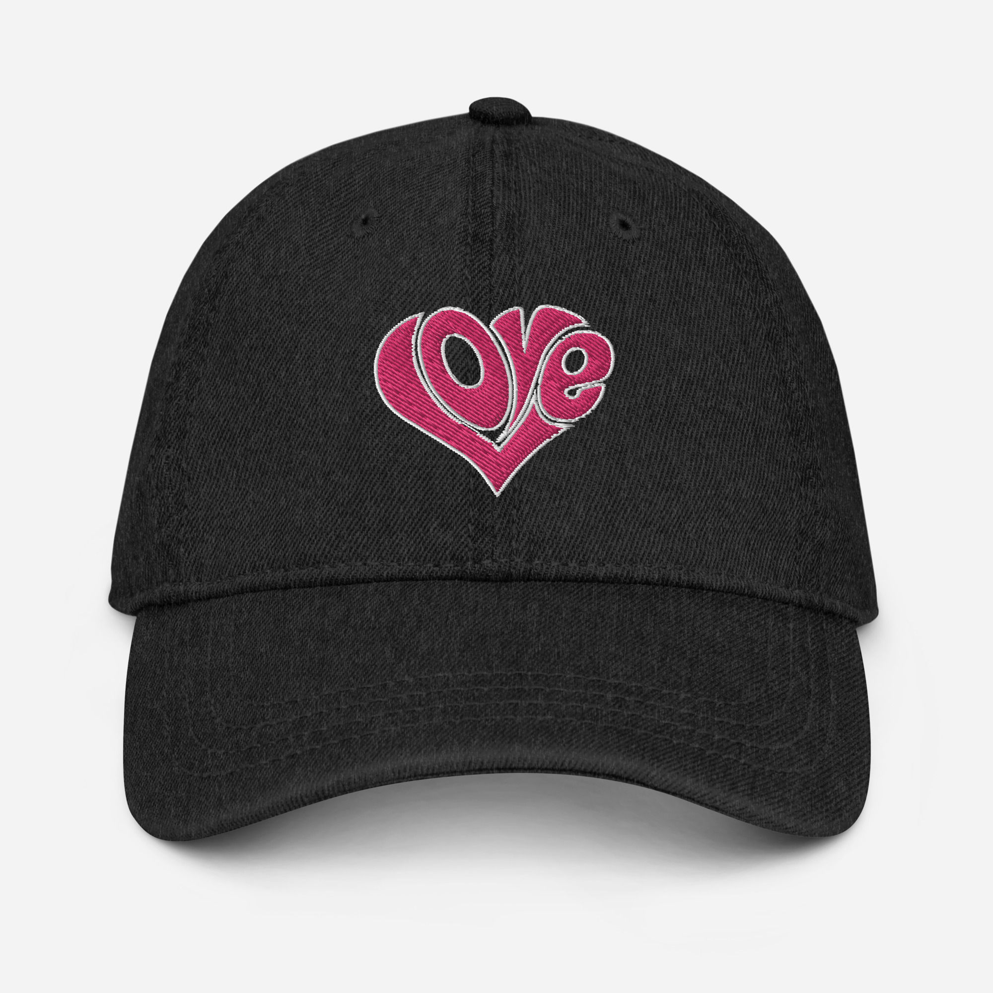 Embroidered Pink Love Heart Denim Trucker Cap Baseball Hat (Puffed Embroidered)