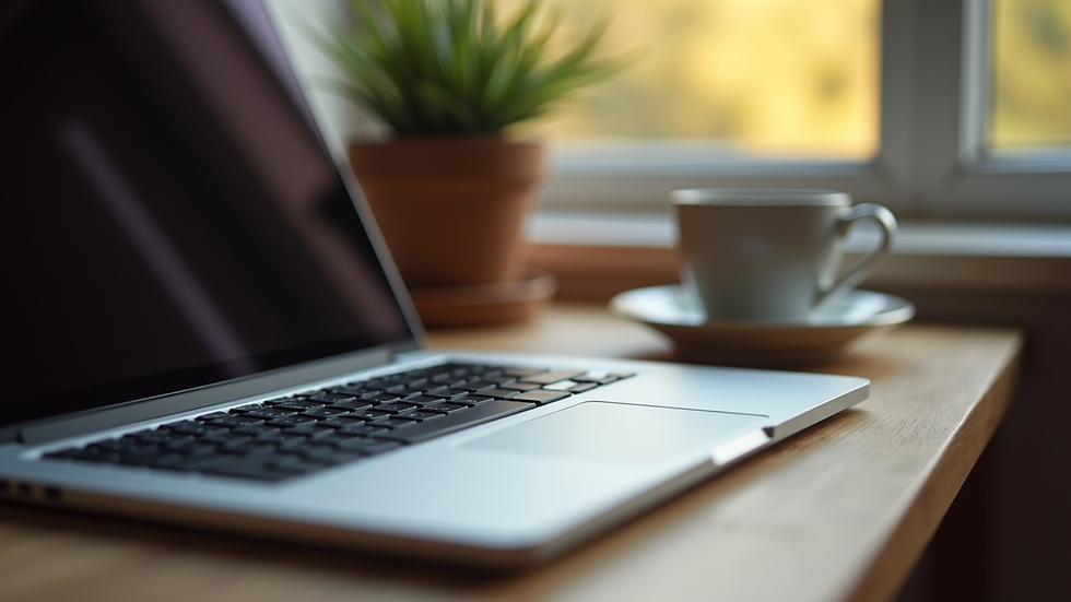 Close-up view of a laptop on a cozy desk with a cup of tea and soft lighting