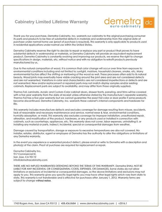 Warranty Demetra Custom Euro Cabinets Made In Usa