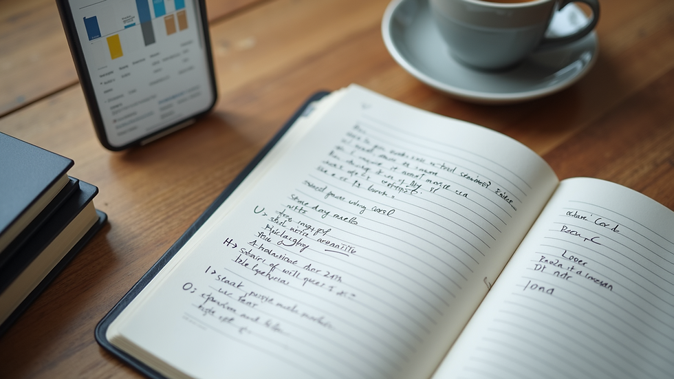 High angle view of a notebook with digital marketing notes and a cup of coffee