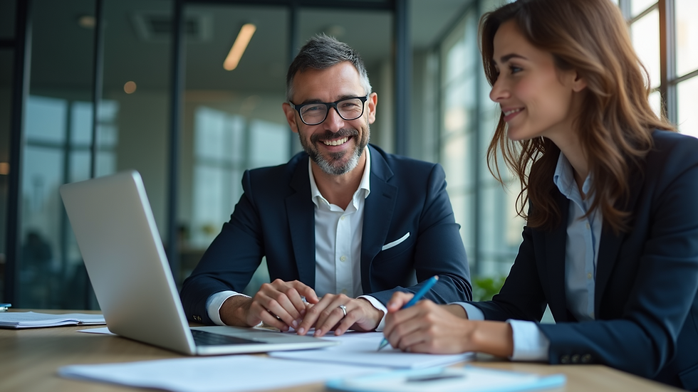 Eye-level view of a business team collaborating with technology