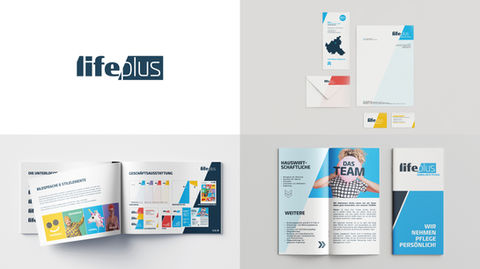 Eine Collage von Bildern, die die Marke "lifeplus" darstellen. Oben links ist das Logo von "lifeplus" in Blau. Oben rechts sind Briefpapier, Visitenkarten und ein Umschlag mit dem "lifeplus"-Logo abgebildet. Unten links ist ein aufgeschlagenes Markenhandbuch mit Illustrationen und Geschäftspräsentationen. Unten rechts sind eine Broschüre mit dem Titel "Das Team" und eine weitere Broschüre mit dem Slogan "Wir nehmen Pflege persönlich" zu sehen.