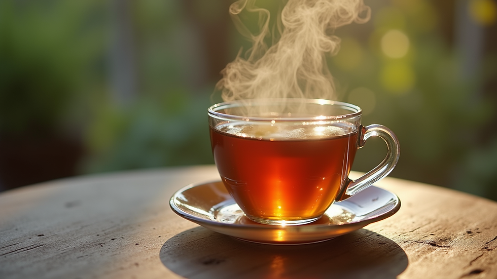 Close-up of a cup of herbal tea with steam rising