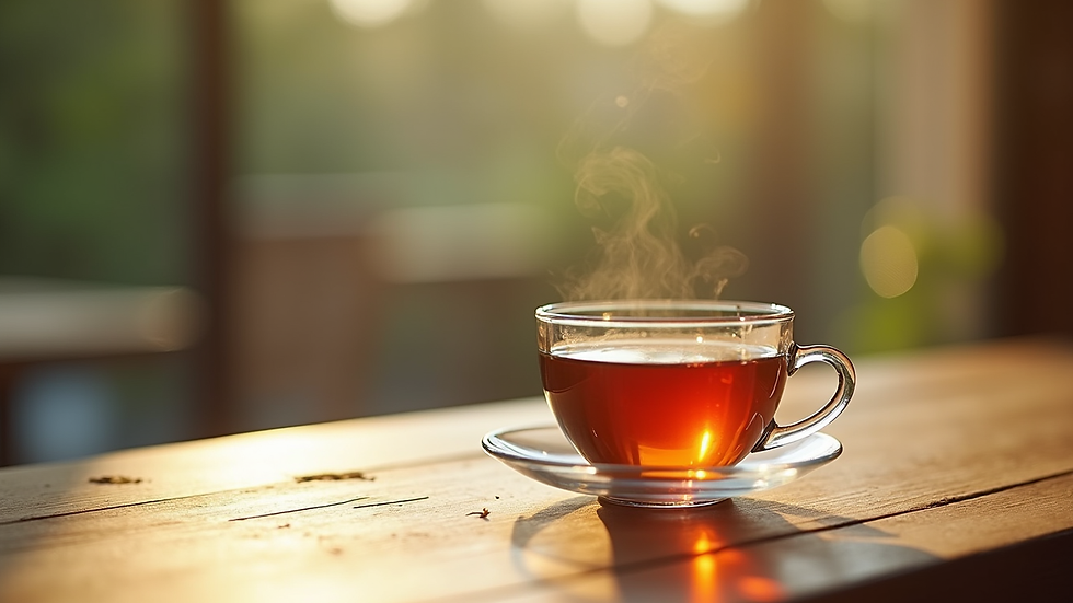 Close-up view of a cup of herbal tea on a wooden table with soft natural light