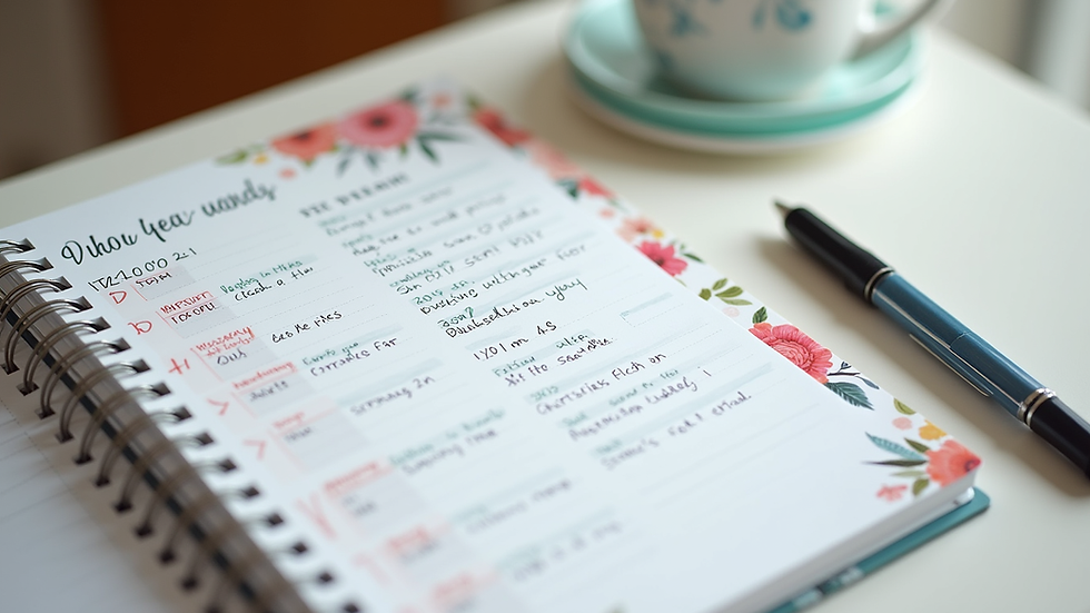 Close-up view of a digital planner with floral design and handwritten notes