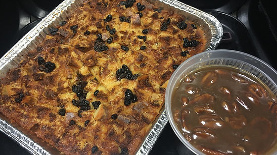 Pan of Bread Pudding w/ Pecan Praline Sauce