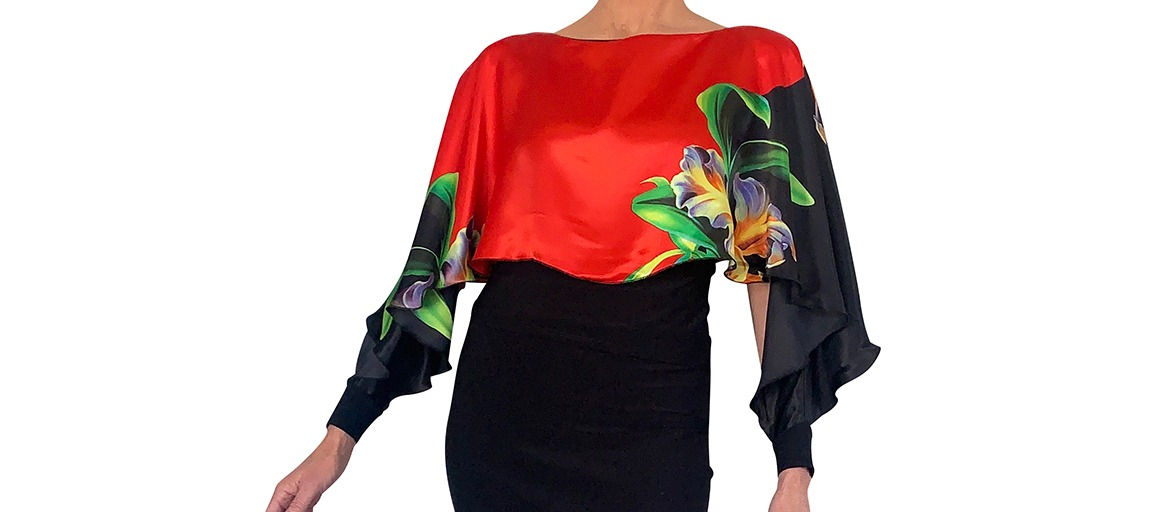Red Iris charmeuse Mariposa top