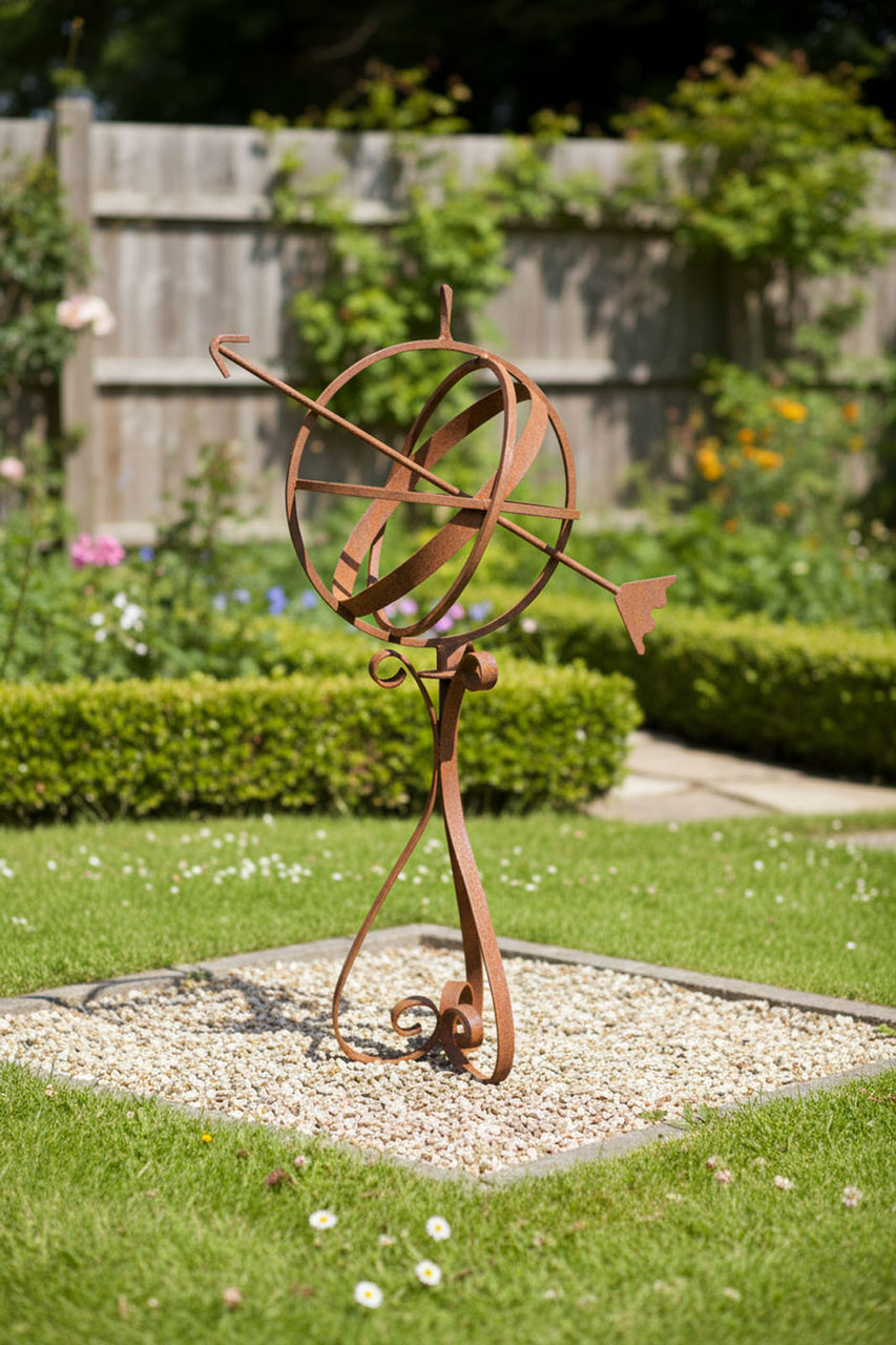 Freestanding corten steel armillary sphere with curled feet stand.