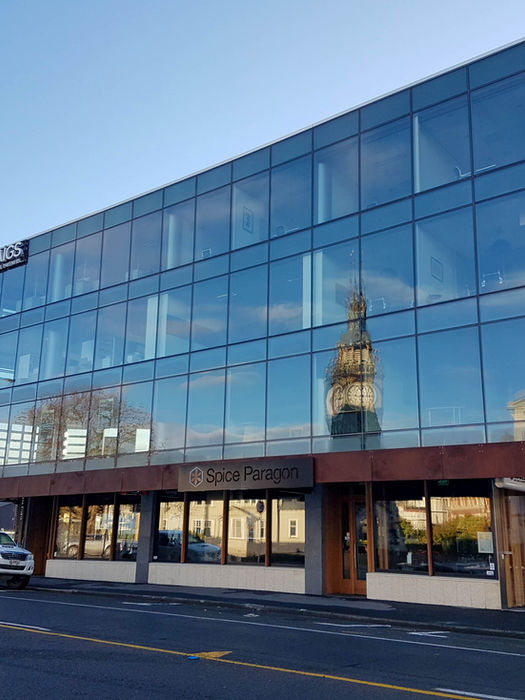 Retail and restaurant frontage with corten steel panels at Asko Corner Christchurch.
