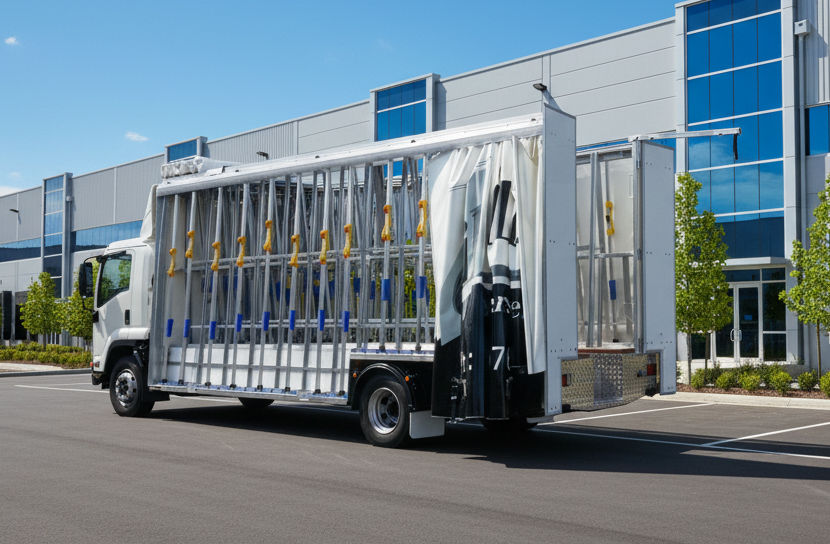 Glass curtain sided glass truck parked on side of road