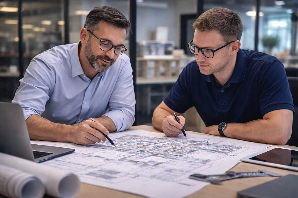 Engineering team reviewing architectural plans and technical drawings