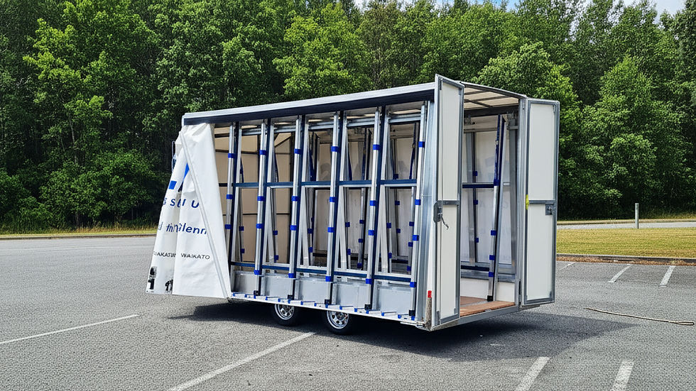 Glass trailer in a carpark, with curtain sides and doors open