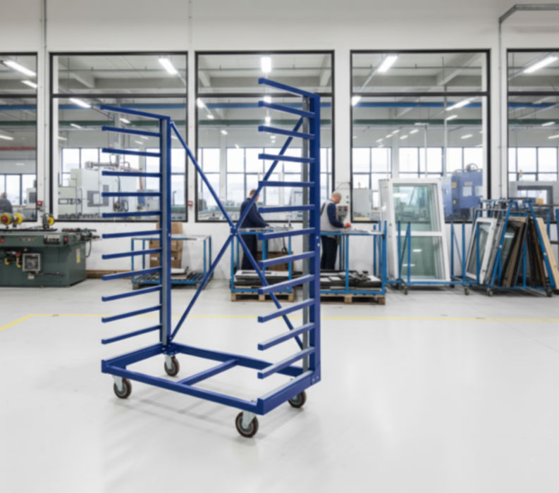 Tall blue finger trolley in factory