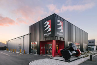 Corner exterior view of Blacks Fasteners Invercargill retail store.