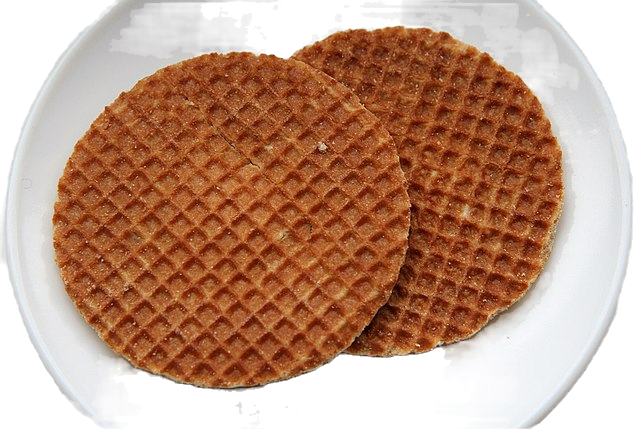 Two stroopwafels on a white plate, showing a grid-like pattern. The background is plain, emphasizing the waffles' golden-brown color.