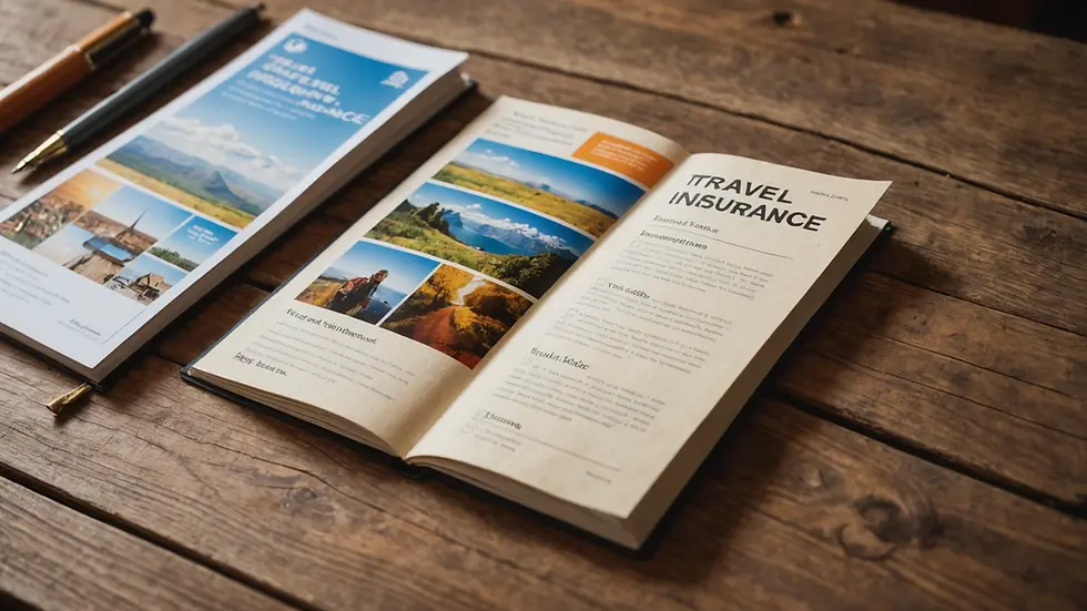 Travel brochures open on a wooden table, featuring vibrant landscape photos and the text "Travel Insurance." Pens rest nearby.