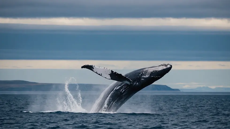 A humpback whale breaches from the ocean against a cloudy sky and distant land. The scene is dynamic with splashing water and a dramatic mood.