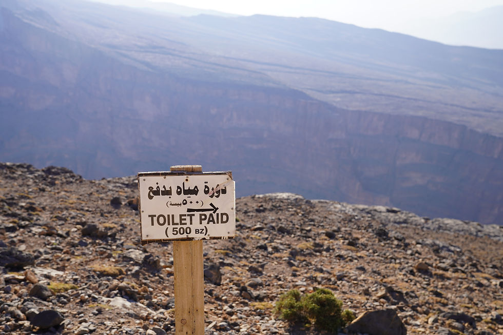 Sign reading "TOILET PAID (500 bz)" in rocky landscape with distant mountains. Warm, dry setting and clear sky convey isolation.
