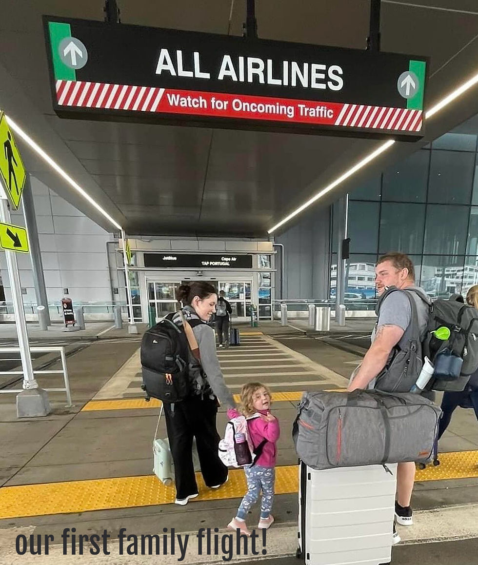 Family at airport with luggage, under "ALL AIRLINES" sign. Smiling child in pink, happy mood. Text: "our first family flight!"