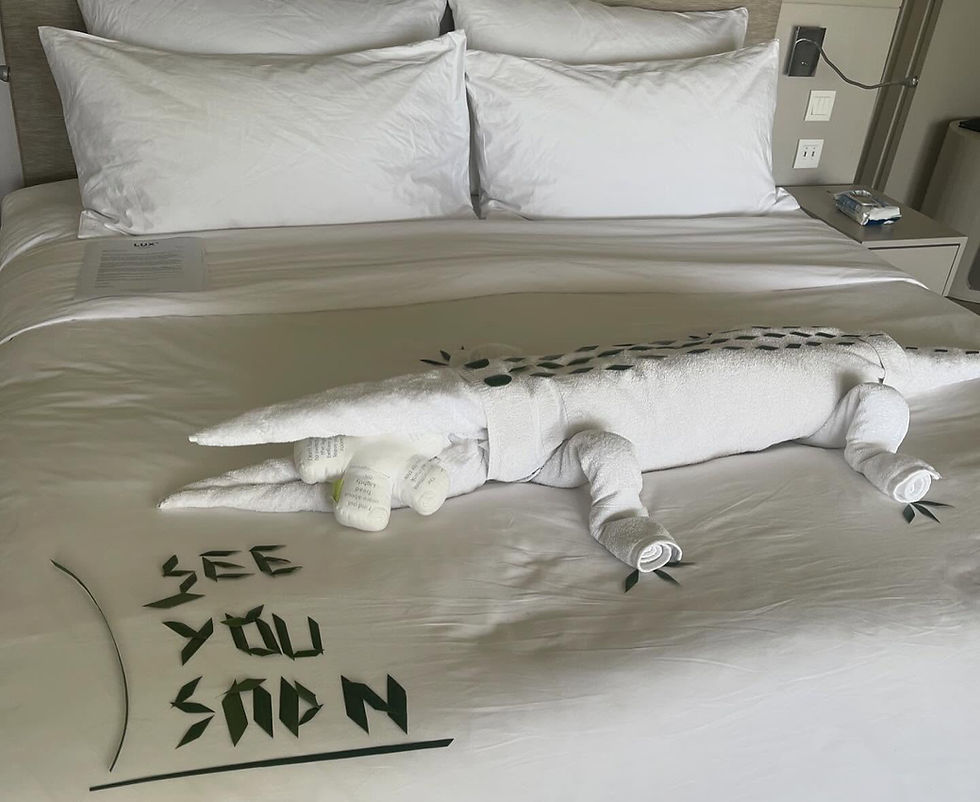 Towel crocodile on a hotel bed with "See You Soon" in green leaves. White bedding, cozy setup, playful and welcoming mood.