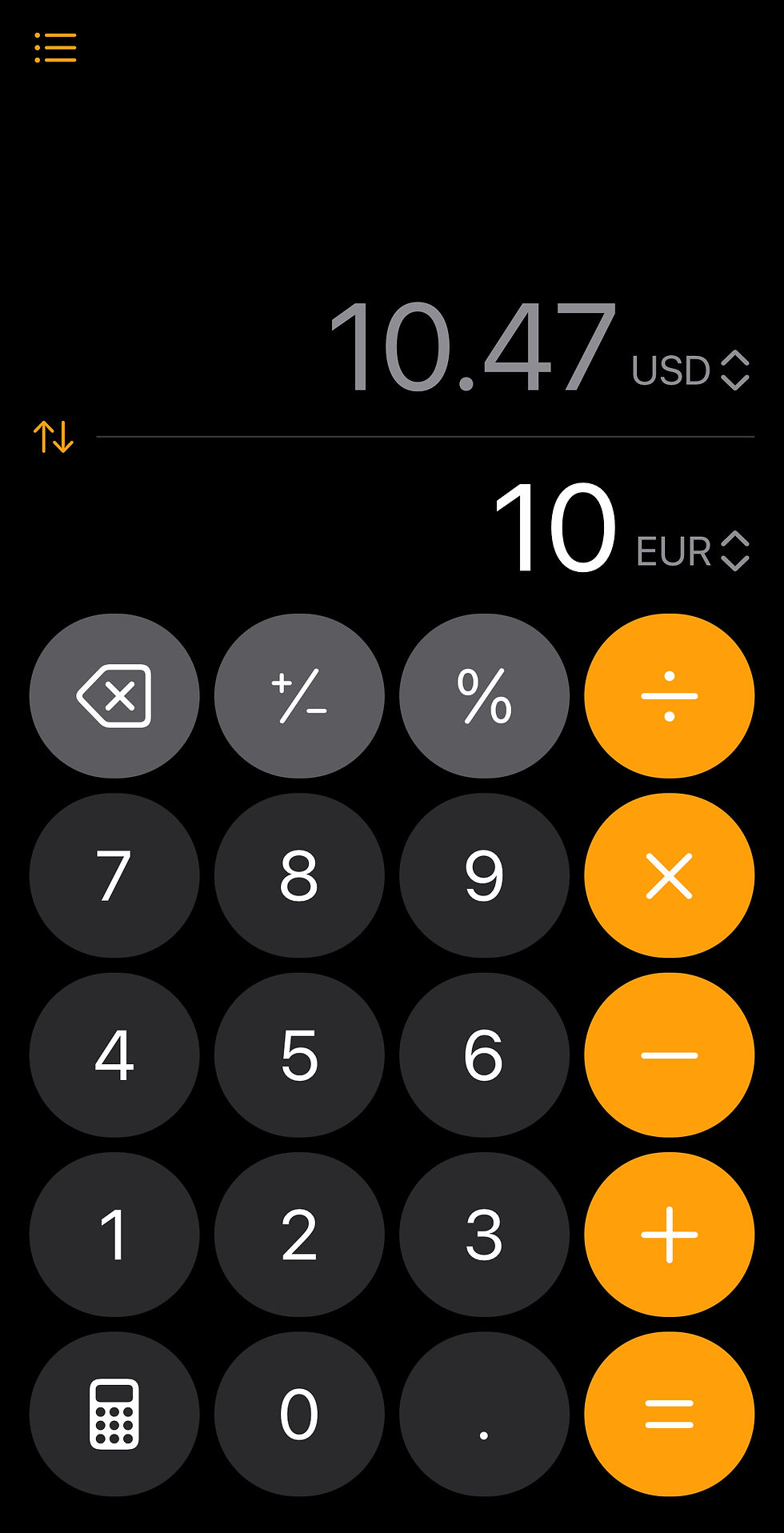 Calculator app interface showing currency conversion; 10 EUR to 10.47 USD. Buttons in gray and orange on black background.